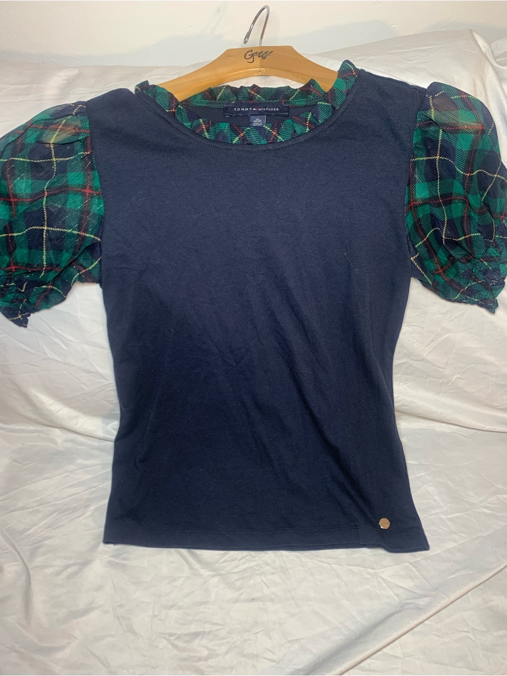 Tommy Hilfiger Navy Tee with Green Plaid Puff Sleeves